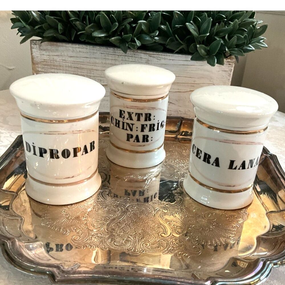 3 Vintage European-Style Porcelain Apothecary Pharmacy Jars w/ Lids & Gold Trim